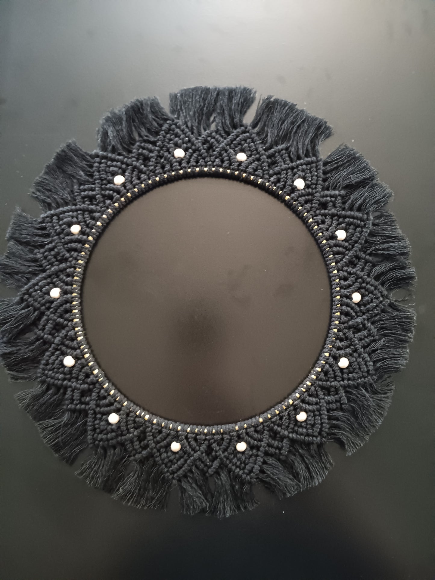 Black and Natural Wood Beaded Macrame Mandala