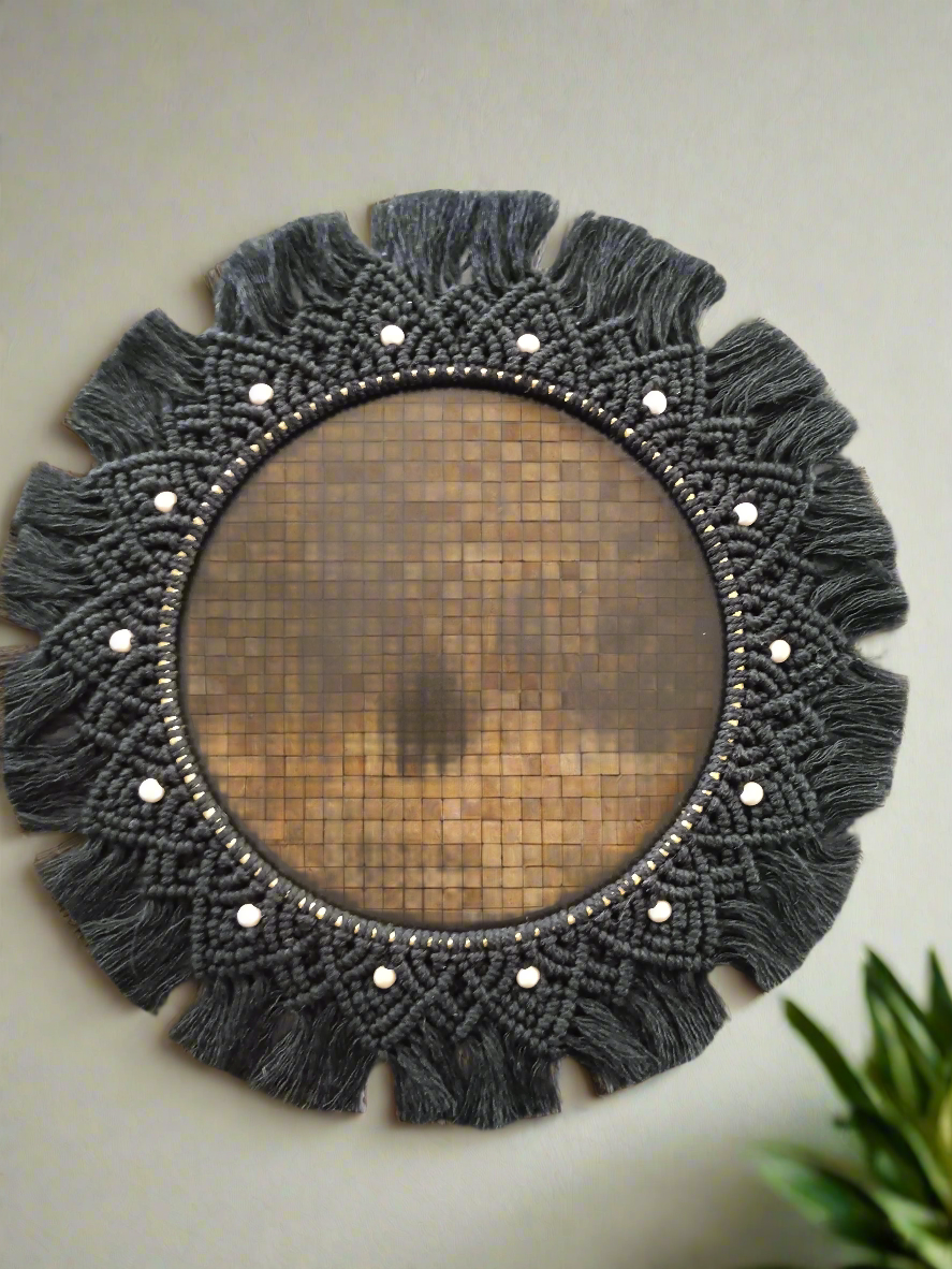 Black and Natural Wood Beaded Macrame Mandala