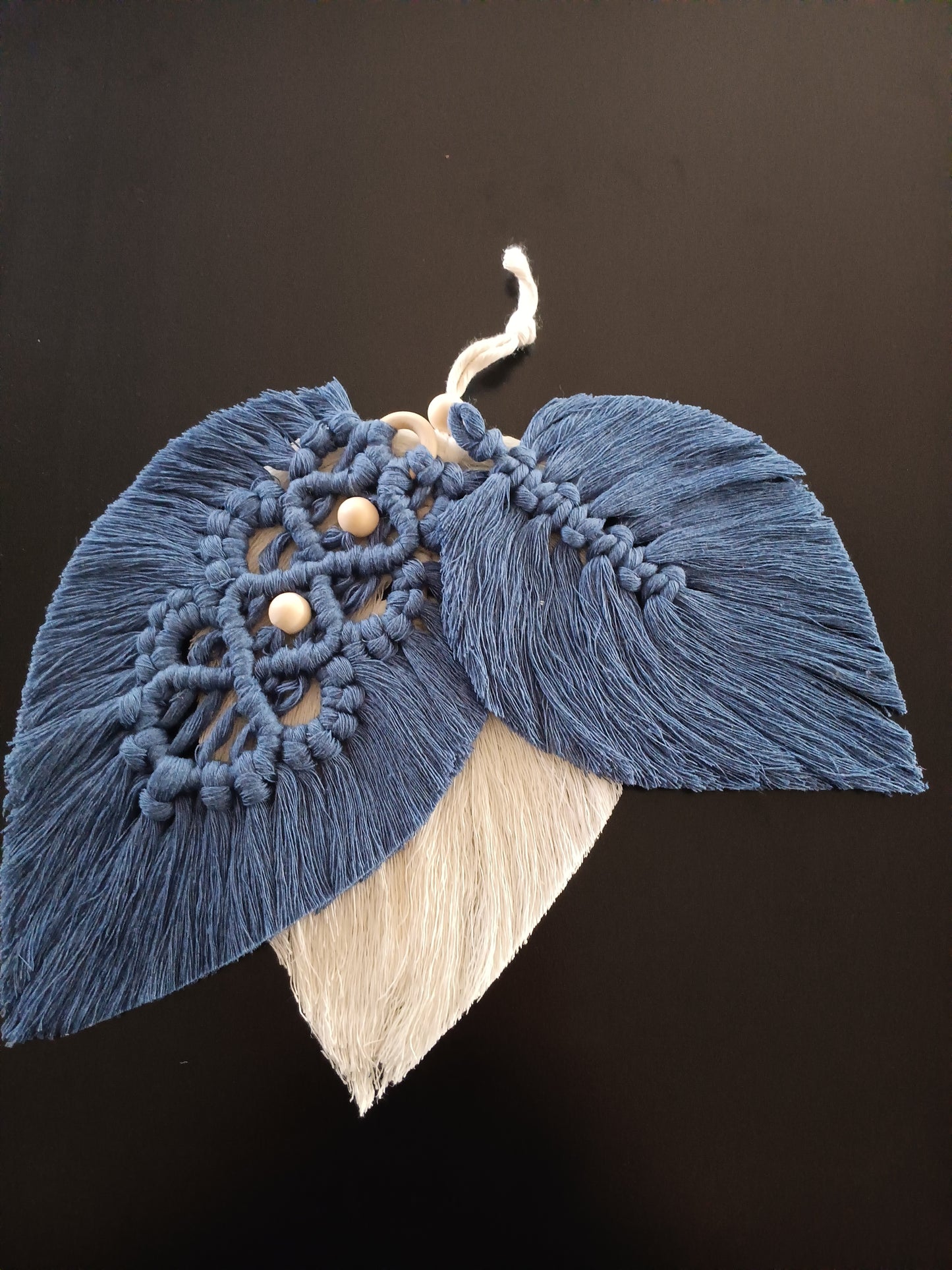 Modern Boho Macrame Blue and Natural Cream-Colored Leaf Trio Wall Decor