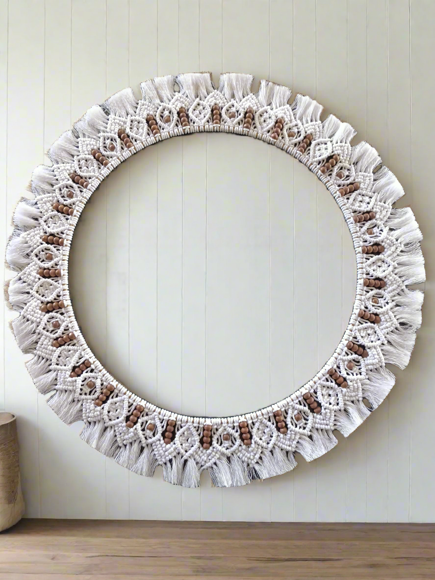 White and dark brown beaded macrame mandala