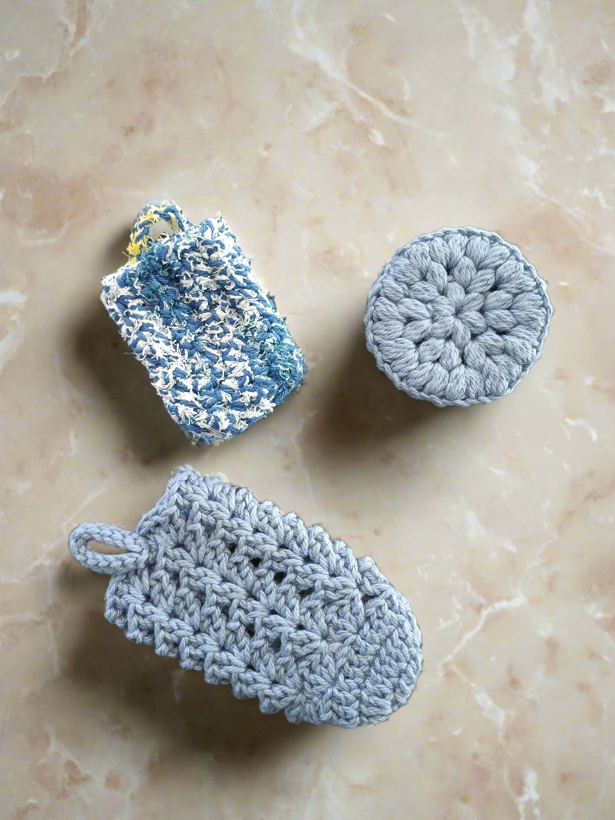 3 piece bath set with 2 soap holders and a face scrubby