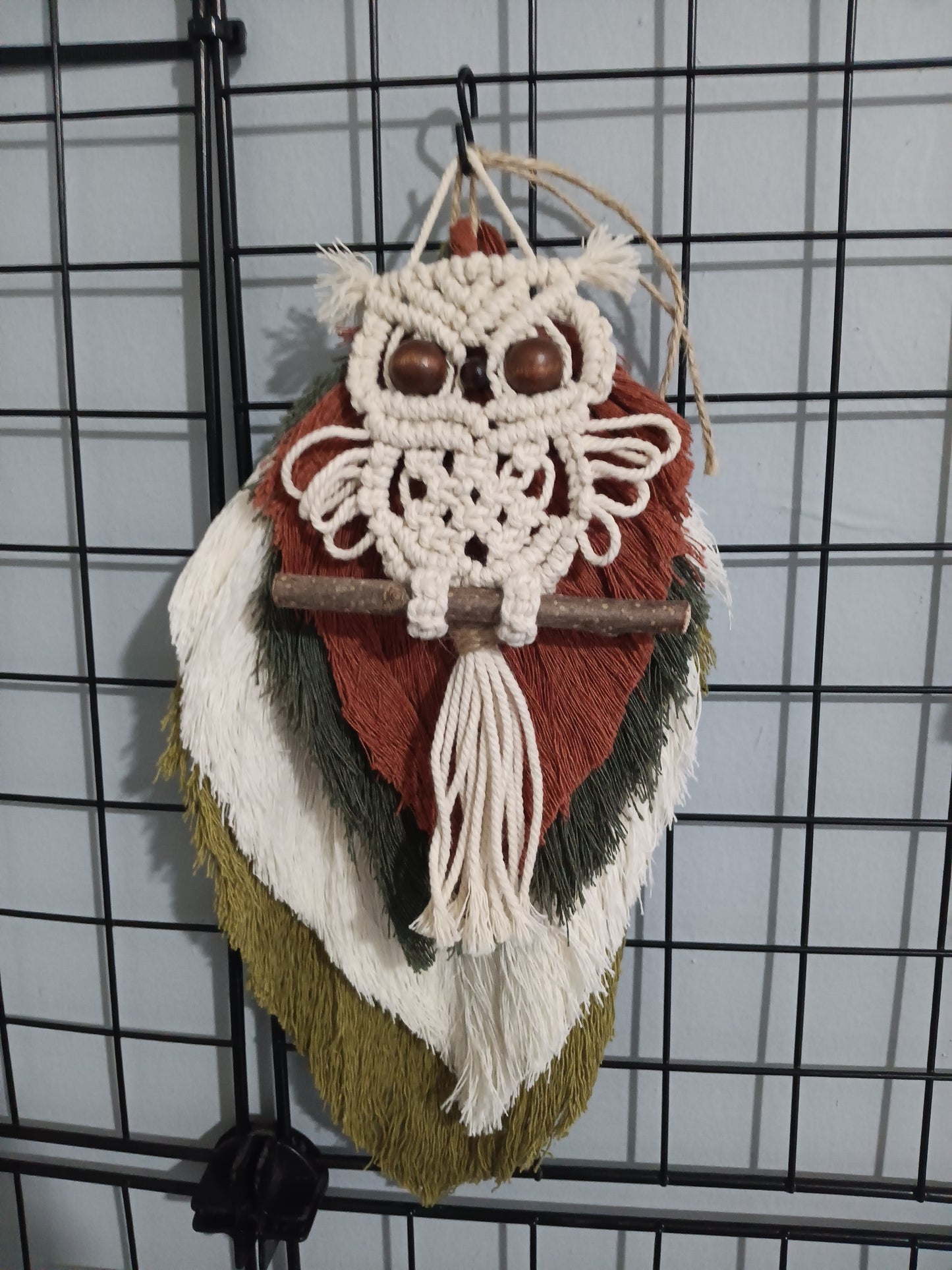 Modern Boho Macrame Cream colored Owl, Olive, Cream, Forest Green, and Brick colored Leaf Wall Decor set