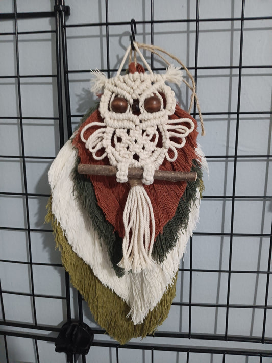 Modern Boho Macrame Cream colored Owl, Olive, Cream, Forest Green, and Brick colored Leaf Wall Decor set