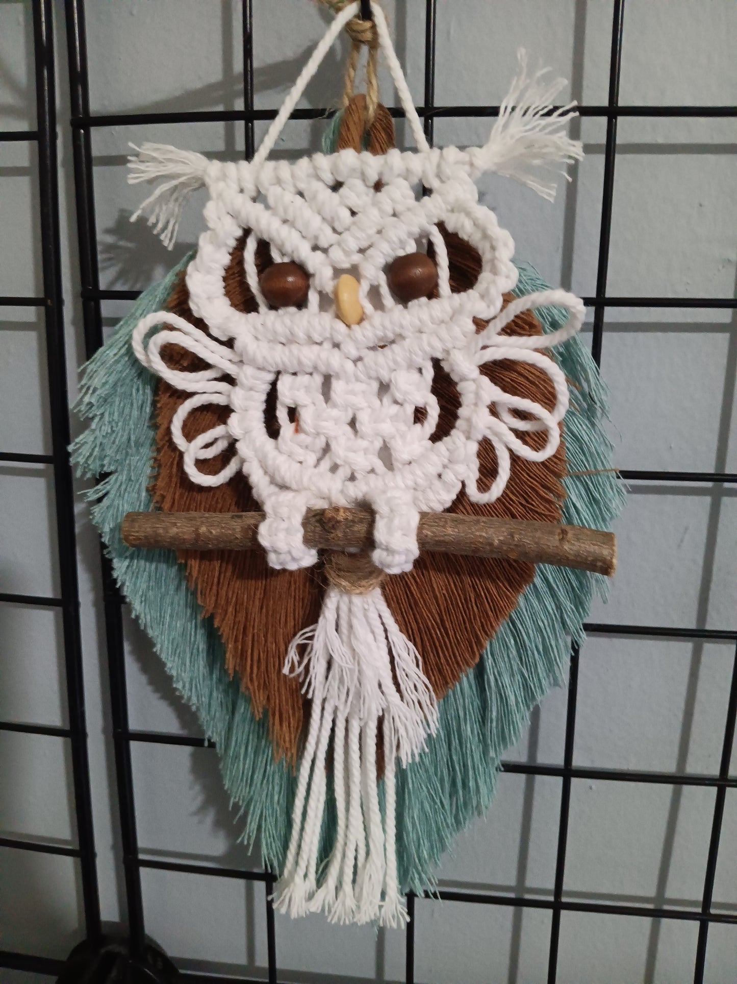 White Owl with Light Blue and Brown Leaf Duo