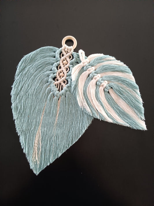 Modern Boho Macrame Light Blue and Natural Cream-Colored Leaf Duo