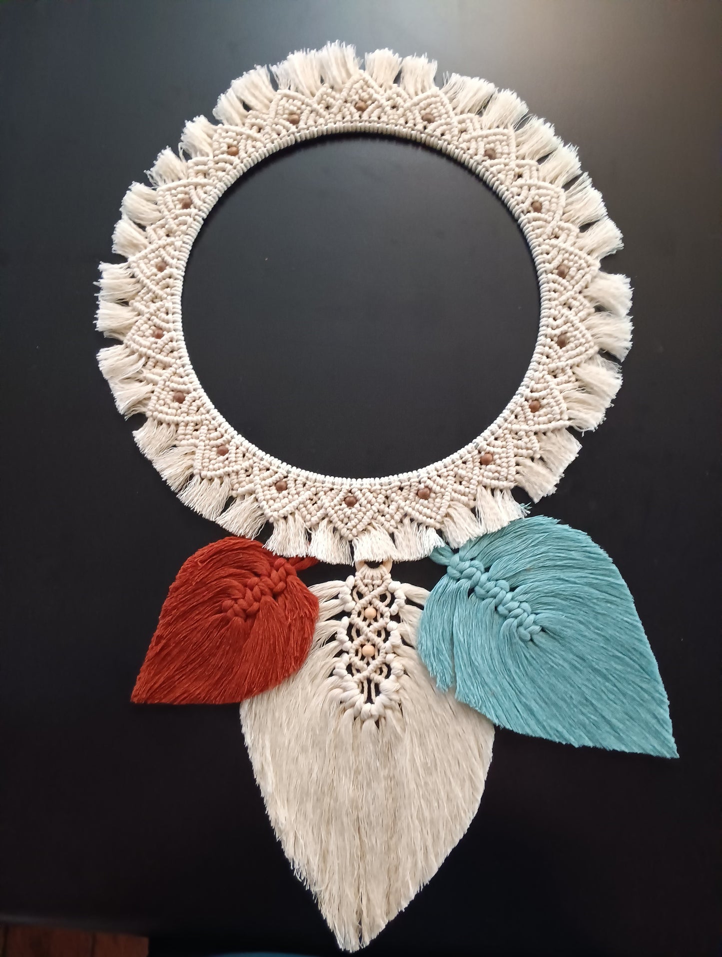 Modern Boho Macrame Brick Red Cream and Light Blue Leaves and Natural Cream Colored Round Mandala Wall Decor