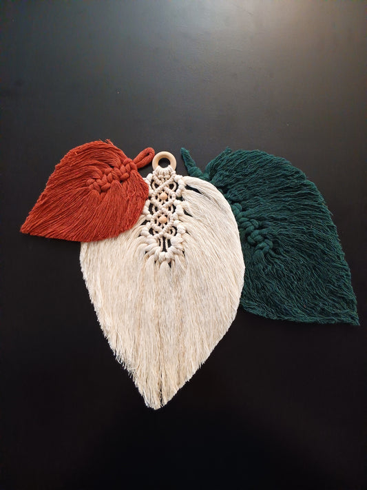 Modern Boho Macrame Brick Red Cream and Teal Leaf Trio