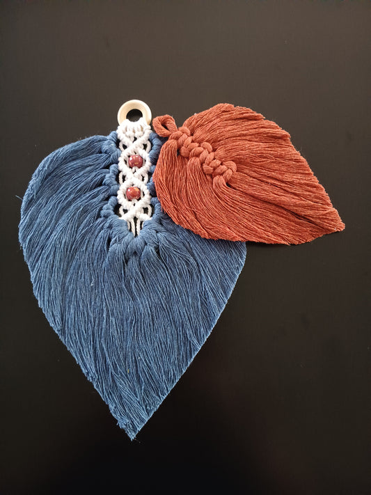 Modern Boho Macrame Blue and Brick Red Leaf Duo Wall Decor