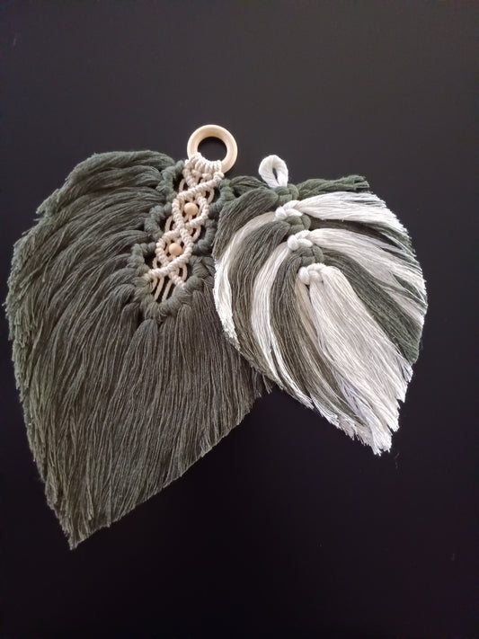 Modern Boho Macrame Fern Green and Natural Cream-Colored Leaf Duo Wall Decor