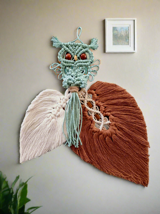 Sage Green Owl with Natural Beige and Brown Leaves