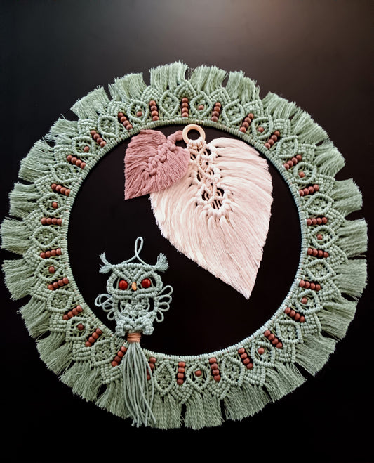 Sage Green Owl with Tan and Cream Leaves and Sage Green Round Beaded Mandala