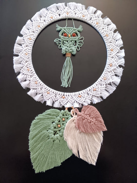Boho Macrame Sage Green Owl with Sage Cream and Tan Leaves and White Round Mandala