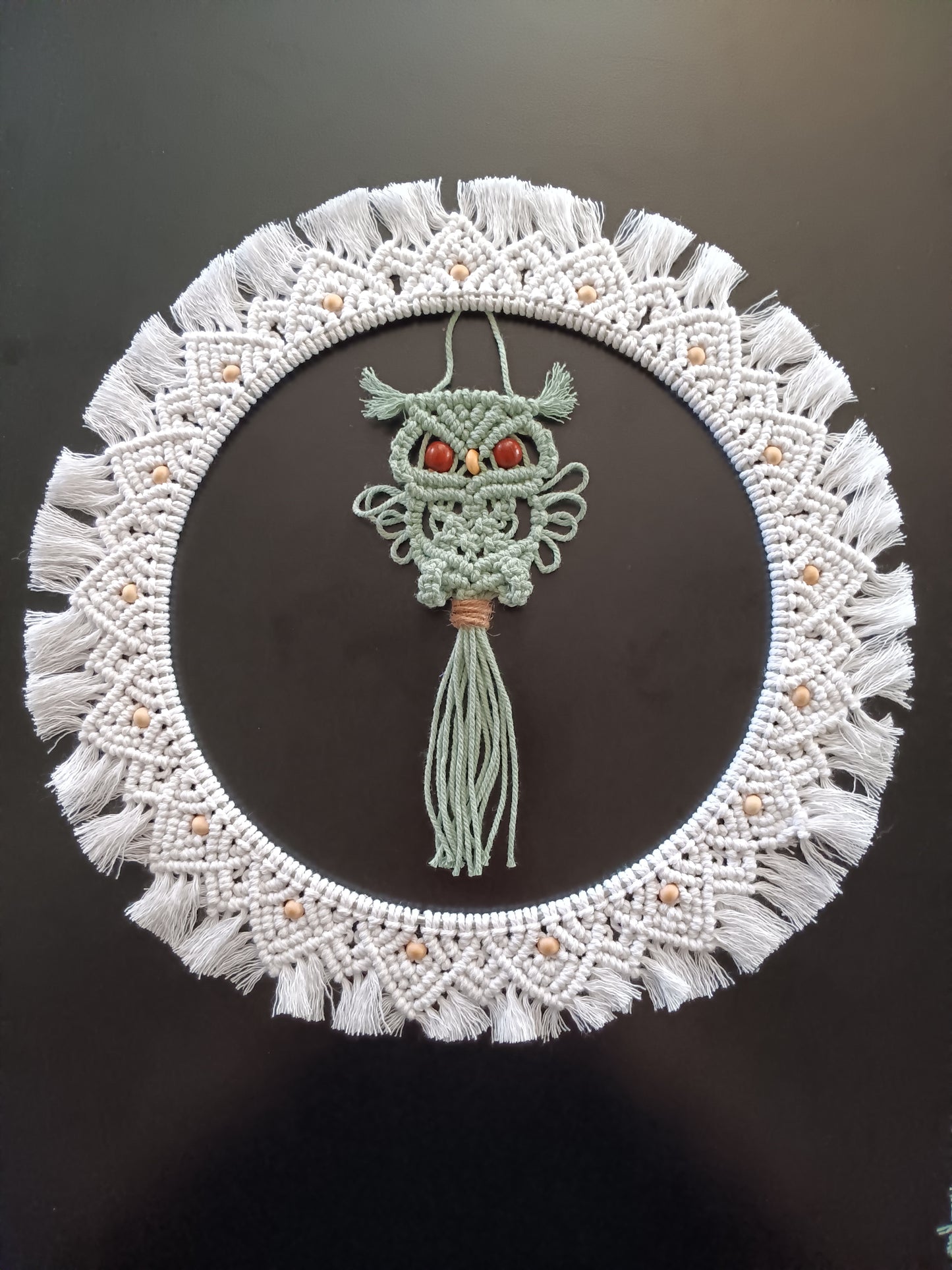 Handmade Macrame Sage Green Owl and White Round Mandala