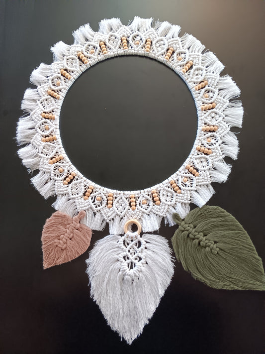 Boho Macrame Tan White and Fern Green Leaves and White Beaded Round Mandala