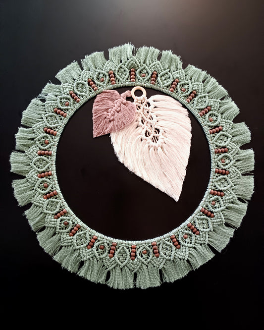 Handmade Macrame Tan and Cream Leaves with Sage Green Beaded Round Mandala
