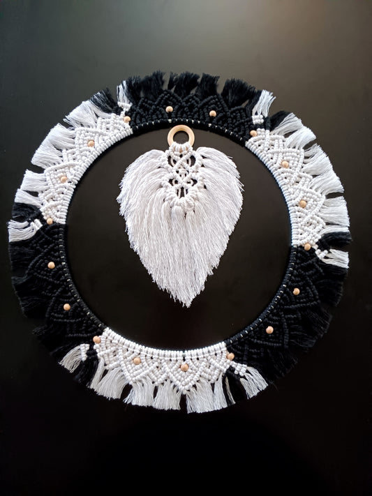 Handmade Macrame Boho White Leaf and Black and White Round Mandala