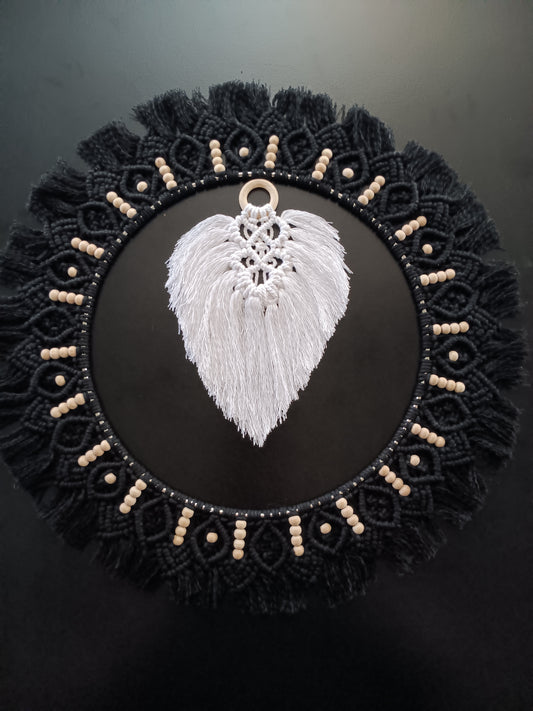 Boho Macrame White Leaf and Black Beaded Round Mandala Wall Decor