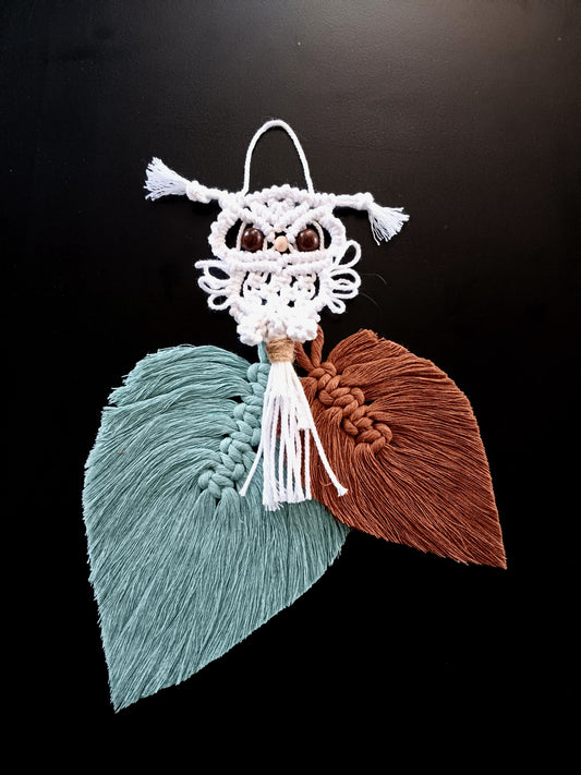 White Owl with Light Blue and Brown Leaf Duo