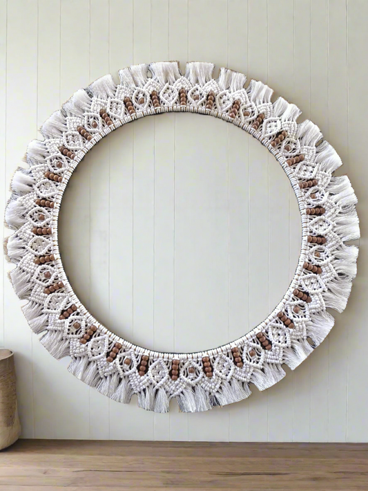 White and dark brown beaded macrame mandala